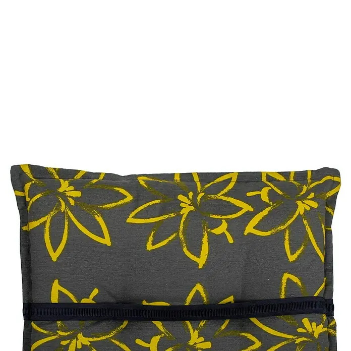 beo Gartenmöbel-Auflage Bonn - Niederlehner, 6 Stk., L x B x H: 118 x 50 x 6 cm, Baumwolle, Polyester, Grün/Gelb - Nahaufnahme eines Kissens mit gelbem Blumenmuster auf grauem Stoff und einem dunklen Gummiband. Ideal für Zuhause und Garten.