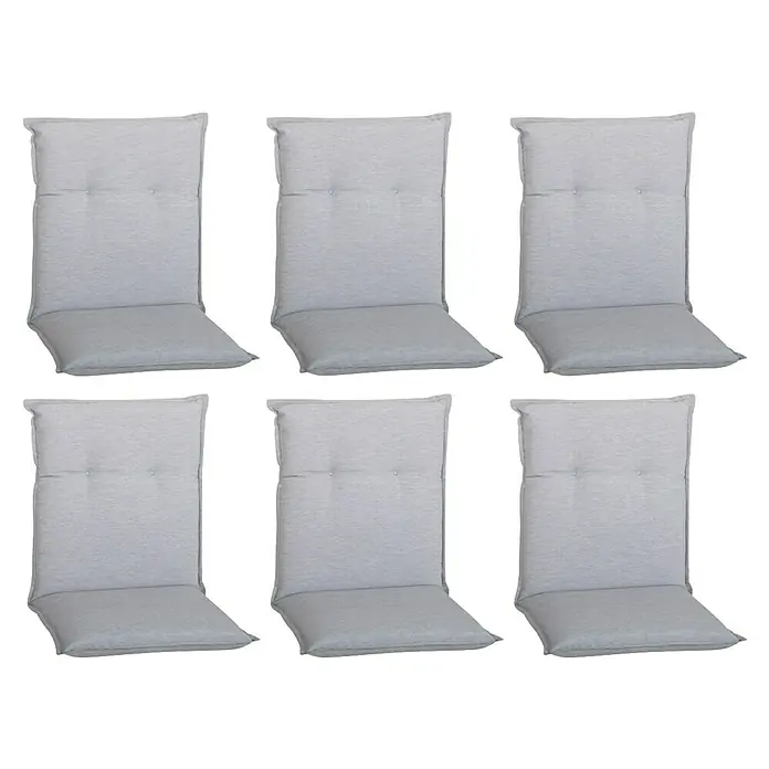 beo Gartenmöbel-Auflage Taipeh - Niederlehner, 6 Stk., L x B x H: 98 x 46 x 8 cm, Polyester, Grau - Sechs graue Stuhlkissen mit Knöpfen, angeordnet in zwei Reihen, ideal für Gartenmöbel oder Terrassenstühle.