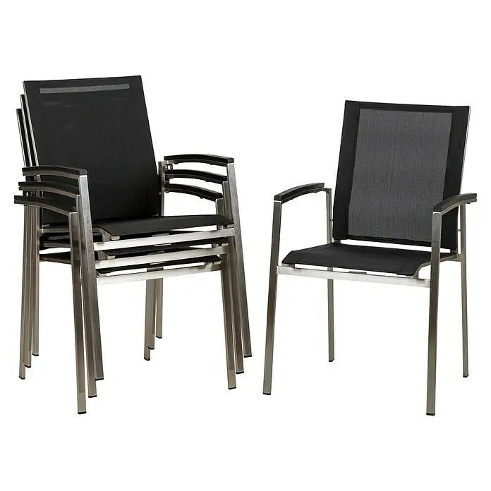Acamp Stapelsessel Auris - 4 Stk., Stapelbar, Schwarz, B x T x H: 55 x 60 x 90 cm - Aufnahme von stapelbaren Stühlen mit silberfarbenem Gestell und schwarzen Sitzen/Rückenlehnen. Stilvolles und praktisches Möbelstück für jeden Raum.
