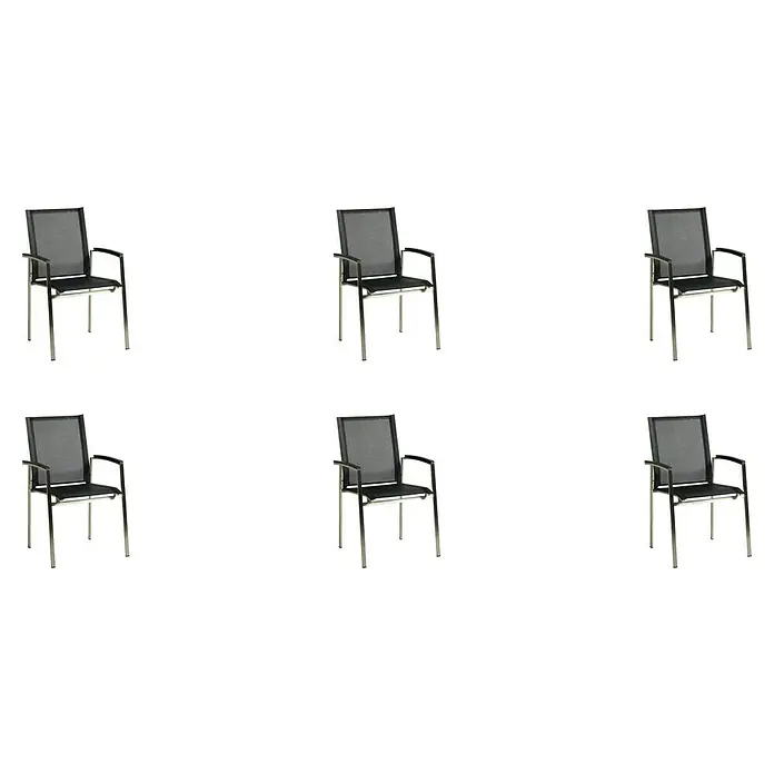 Acamp Stapelsessel Auris - 6 Stk., Stapelbar, Schwarz, B x T x H: 55 x 60 x 90 cm - Das Bild zeigt eine stilvolle Reihe von stapelbaren Terrassenstühlen mit silbernem Rahmen und dunkler Sitzfläche, ideal für den Außenbereich.