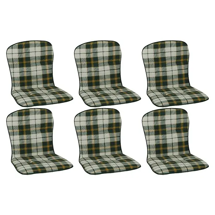 beo Gartenmöbel-Auflage Mono IIII - Niederlehner, 6 Stk., L x B x H: 80 x 44 x 4 cm, Baumwolle, Polyester - Abbildung von sechs karierten Hochlehner Auflagen mit grünen, gelben und weißen Karos für Gartenstühle oder Terrassenmöbel.