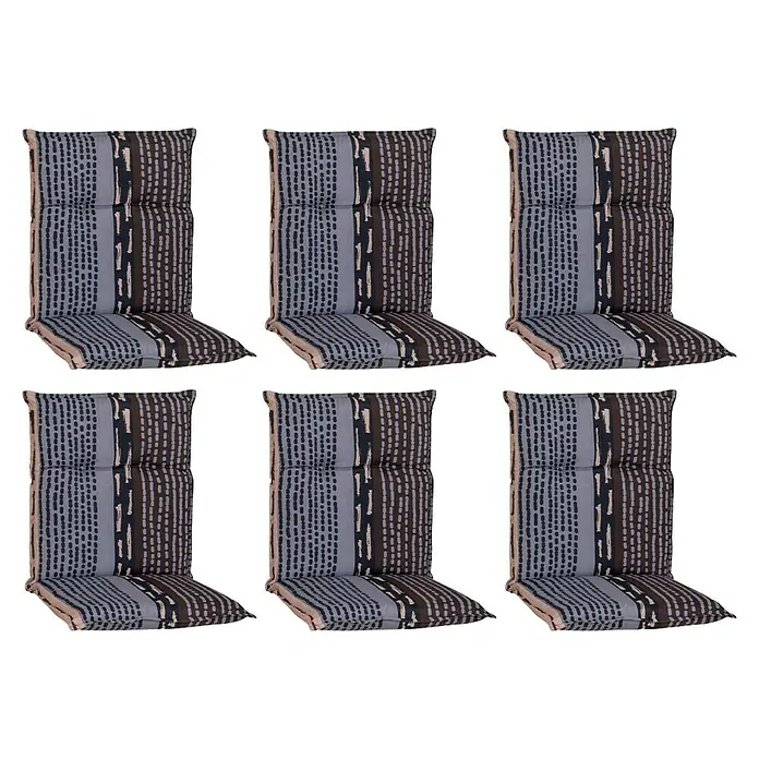 beo Gartenmöbel-Auflage Bangui - Niederlehner, 6 Stk., L x B x H: 101 x 50 x 6 cm, Baumwolle, Polyester, Schwarz/Blau - Bild von sechs Outdoor-Stuhlkissen mit dekorativem Streifenmuster in Braun- und Grautönen, ideal für Gartenmöbel und mehr Komfort im Freien.