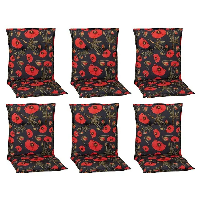 beo Gartenmöbel-Auflage Trondheim - Niederlehner, 6 Stk., L x B x H: 98 x 46 x 8 cm, Baumwolle, Polyester, Schwarz/Rot - Bild von sechs Stuhlkissen mit einem Muster aus roten Mohnblumen auf schwarzem Grund, ideal für Gartenmöbel und Außenbereiche.