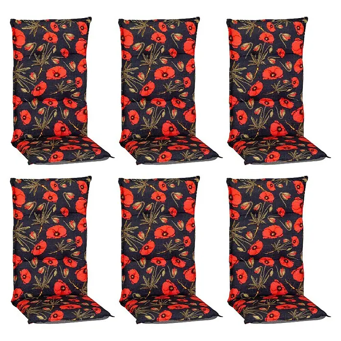 beo Gartenmöbel-Auflage Trondheim - Hochlehner, 6 Stk., L x B x H: 118 x 46 x 8 cm, Baumwolle, Polyester, Schwarz/Rot - Sechs Sitzkissen mit einem Mohnblumenmuster, ideal für Gartenstühle oder Terrassenmöbel, bieten Komfort und Stil für den Außenbereich.