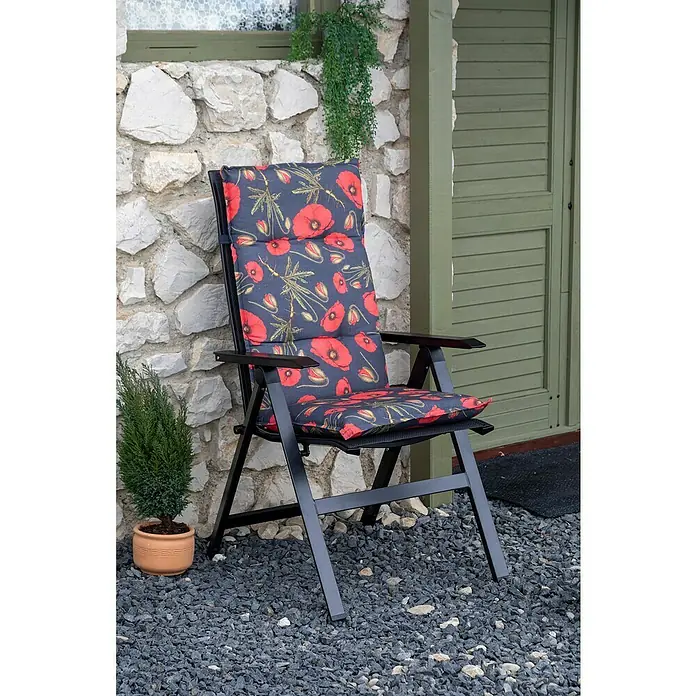 beo Gartenmöbel-Auflage Trondheim - Hochlehner, 6 Stk., L x B x H: 118 x 46 x 8 cm, Baumwolle, Polyester, Schwarz/Rot - Gartenstuhl mit Mohnmuster-Kissen. Bequemer Stuhl mit floralem Design für den Außenbereich, perfekt für Garten und Terrasse.
