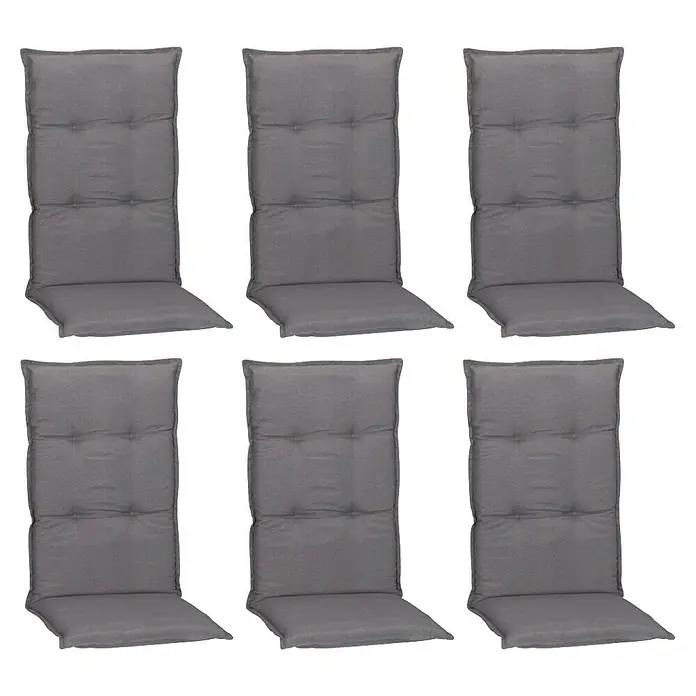 beo Gartenmöbel-Auflage Tanana - Hochlehner, 6 Stk., L x B x H: 118 x 46 x 8 cm, Baumwolle, Polyester, Schaumvlies, Grau - Sechs graue Stuhlkissen mit Knöpfen. Diese Polster sind bequem und eine tolle Ergänzung für jedes Esszimmer oder jeden Gartenbereich.