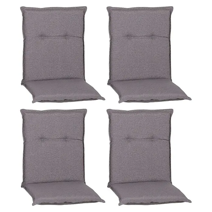beo Gartenmöbel-Auflage Tanana - Niederlehner, 4 Stk., L x B x H: 98 x 46 x 8 cm, Baumwolle, Polyester, Grau - Vier graue Stuhlkissen mit Knöpfen. Die Kissen sind gepolstert und haben eine hohe Rückenlehne für zusätzlichen Komfort.