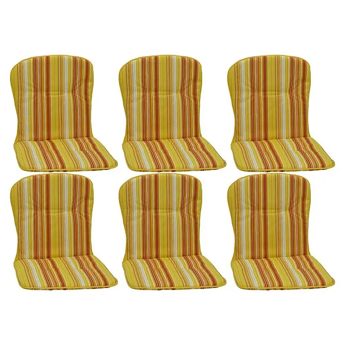 beo Gartenmöbel-Auflage Mono V - Niederlehner, 6 Stk., L x B x H: 80 x 44 x 4 cm, Baumwolle, Polyester - Sechs gelb-weiß gestreifte Stuhlkissen. Komfortable und stilvolle Polster für mehr Sitzkomfort im Innen- und Außenbereich.