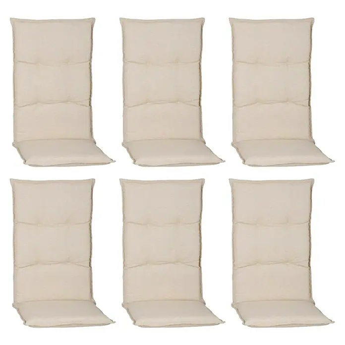 beo Gartenmöbel-Auflage Takume - Hochlehner, 6 Stk., L x B x H: 118 x 46 x 8 cm, Baumwolle, Polyester, Beige - Abgebildet sind sechs cremefarbene Stuhlkissen mit gesteppten Abschnitten, ideal für Gartenmöbel oder Terrassenstühle, die Komfort und Stil vereinen.