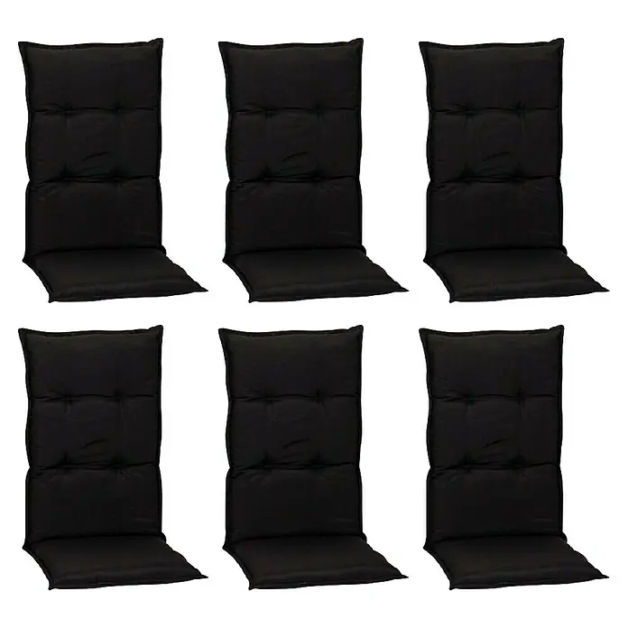 beo Gartenmöbel-Auflage Trabzon - Hochlehner, 6 Stk., L x B x H: 118 x 46 x 8 cm, Baumwolle, Polyester, Schwarz - Sechs schwarze Stuhlkissen mit Knöpfen und rechteckiger Form für zusätzlichen Komfort und Stil in Ihrem Zuhause.