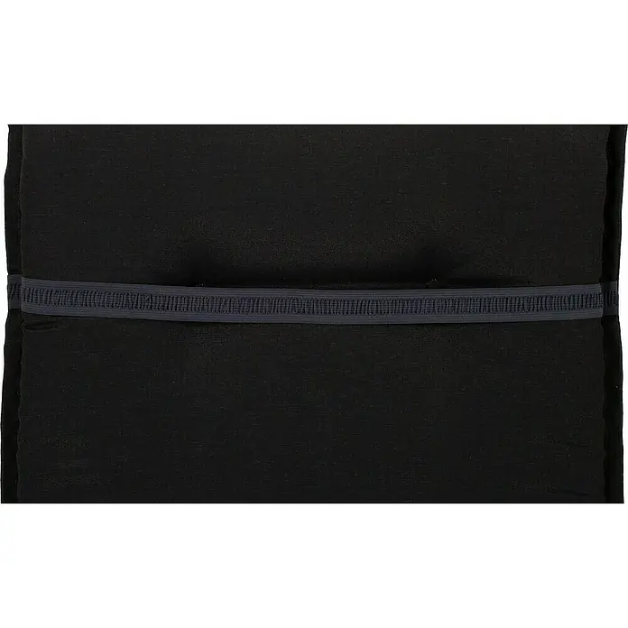 beo Gartenmöbel-Auflage Trabzon - Hochlehner, 6 Stk., L x B x H: 118 x 46 x 8 cm, Baumwolle, Polyester, Schwarz - Nahaufnahme eines schwarzen Kissenbezugs mit einem strukturierten blauen Band, das horizontal über die Mitte verläuft und Textur und Kontrast bietet.