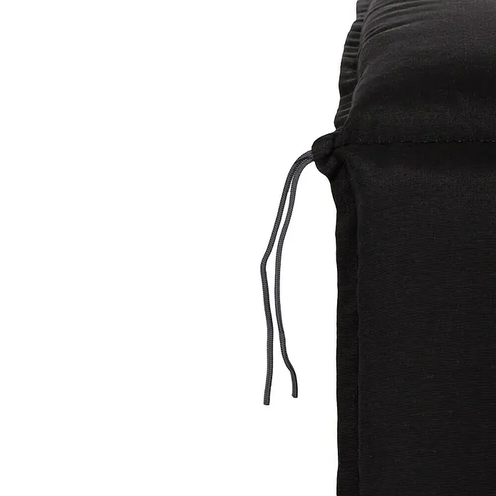 beo Gartenmöbel-Auflage Trabzon - Hochlehner, 6 Stk., L x B x H: 118 x 46 x 8 cm, Baumwolle, Polyester, Schwarz - Detailaufnahme einer schwarzen Hose mit Kordelzug. Der Fokus liegt auf dem Stoff und dem Verschluss der bequemen Hose.