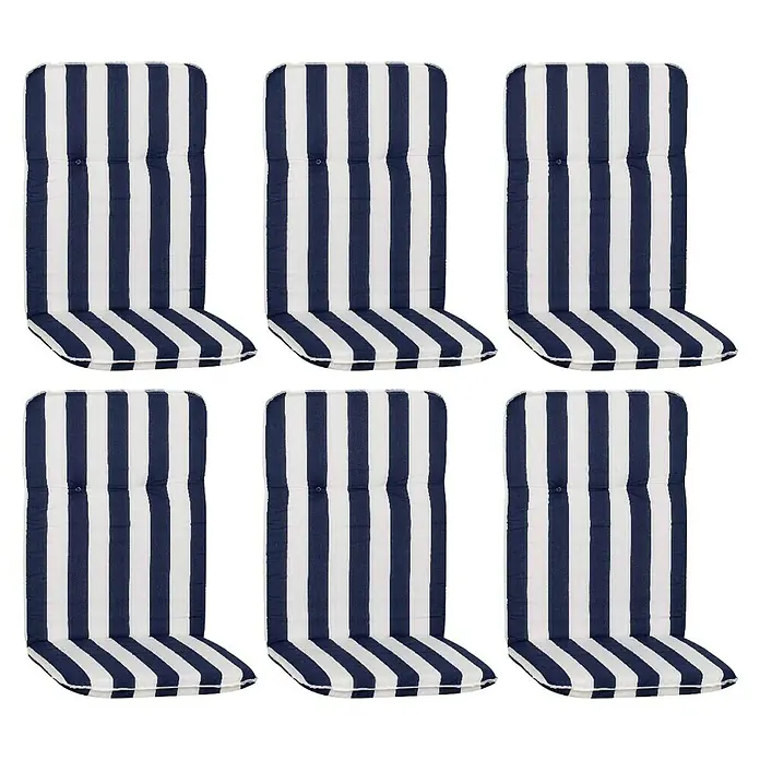 beo Gartenmöbel-Auflage Paselista - Hochlehner, 6 Stk., L x B x H: 114 x 47 x 5 cm, Blau/Weiß - Bild von sechs gestreiften Stuhlkissen in Marineblau und Weiß, ideal für zusätzlichen Komfort und Stil im Garten oder auf der Terrasse.