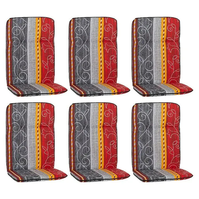 beo Gartenmöbel-Auflage Elmira - Hochlehner, 6 Stk., L x B x H: 114 x 47 x 5 cm, Baumwolle, Polyester, Rot/Orange/Grau - Sechs gestreifte Gartenstuhlauflagen mit blumigen Elementen in Grau, Rot und Gelb. Die Polster sorgen für mehr Komfort im Garten.