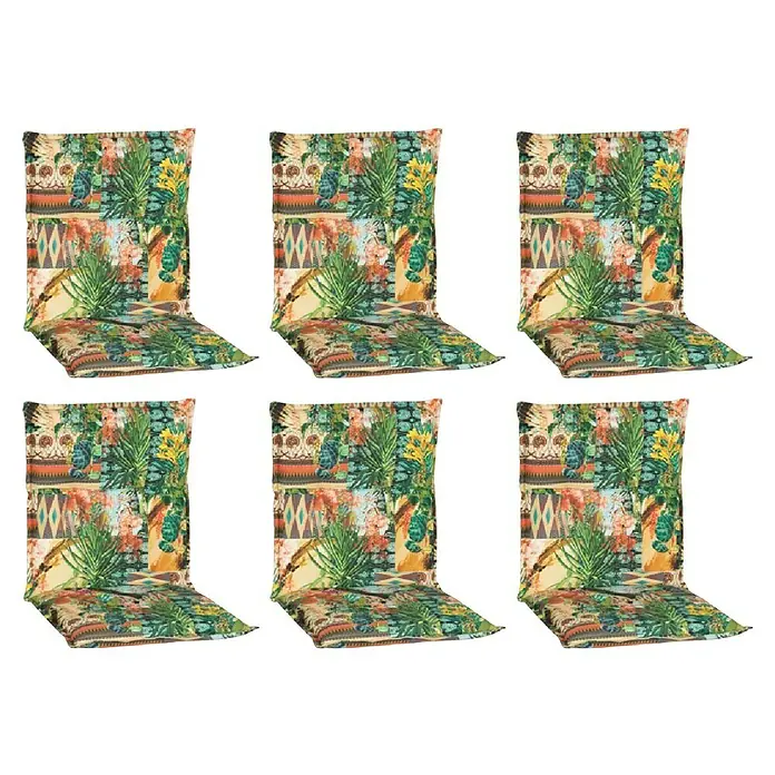 beo Gartenmöbel-Auflage Texas - Niederlehner, 6 Stk., L x B x H: 98 x 46 x 8 cm, Baumwolle, Polyester, Grün/Gelb - Eine detaillierte Nahaufnahme von sechs Gartenstuhlauflagen mit einem auffälligen floralen und Dschungel-inspirierten Muster.
