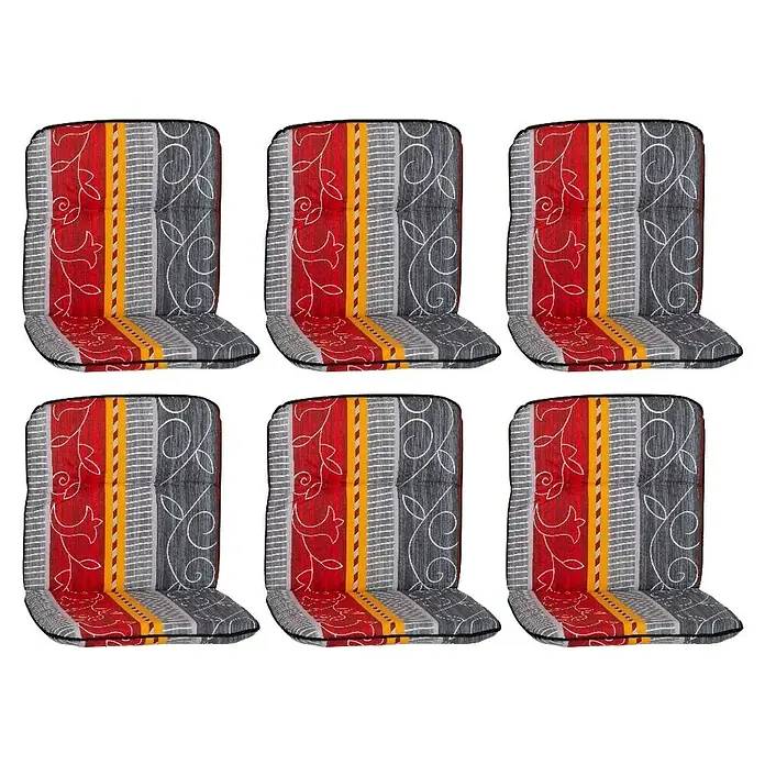 beo Gartenmöbel-Auflage Elmira - Niederlehner, 6 Stk., L x B x H: 96 x 47 x 5 cm, Baumwolle, Polyester, Rot/Grau/Gelb - Das Bild zeigt sechs dekorative Stuhlkissen mit einem roten und grauen Blumenmuster. Die Kissen sind ideal für die Inneneinrichtung.
