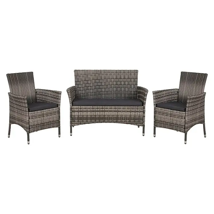 beo Ersatzkissen Set Nina - Baumwolle, Polyester, Grau - Ein graues Rattan-Gartenmöbelset mit zwei Sesseln und einer Bank mit dunkelgrauen Sitzkissen sorgt für stilvolle Entspannung im Freien.