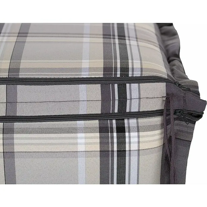 beo Gartenmöbel-Auflage Atika - Niederlehner, 4 Stk., L x B x H: 100 x 52 x 8 cm, Dralon, Polyester, Grau/Weiß - Nahaufnahme eines karierten Sitzkissens mit Reißverschlüssen, ideal für Gartenmöbel und Outdoor-Bereiche.
