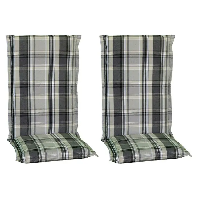 beo Gartenmöbel-Auflage D800 - Hochlehner, 2 Stk., L x B x H: 120 x 48 x 8 cm, Dralon, Polyester, Grau/Hellgrün - Gepolsterte Stuhlkissen mit traditionellem Schottenmuster, ideal für zusätzlichen Komfort und Stil im Innen- und Außenbereich.