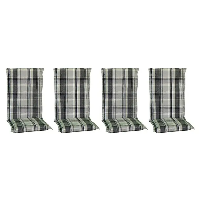 beo Gartenmöbel-Auflage D800 - Hochlehner, 4 Stk., L x B x H: 120 x 48 x 8 cm, Dralon, Polyester, Grau/Hellgrün - Vier graue Stuhlkissen mit Karomuster für eine bequeme und stilvolle Sitzgelegenheit. Perfekt für Esszimmer oder Küche, bieten Komfort und Design.