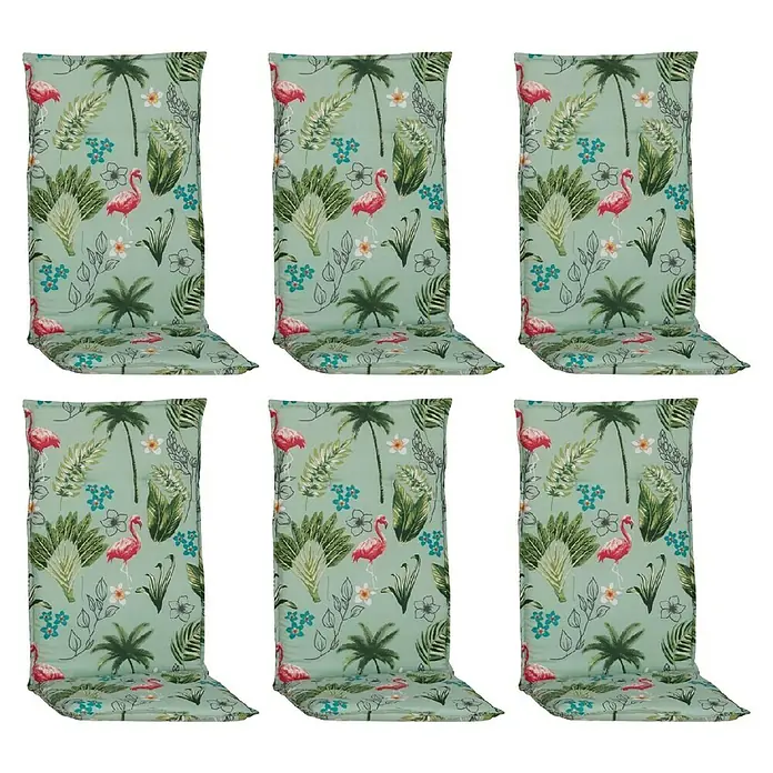 beo Gartenmöbel-Auflage Genua - Niederlehner, 6 Stk., L x B x H: 120 x 48 x 5 cm, Baumwolle, Polyester, Grün - Abgebildet sind sechs Outdoor-Stuhlkissen mit einem tropischen Flamingo- und Palmenmuster für bequemes und stilvolles Sitzen im Freien.