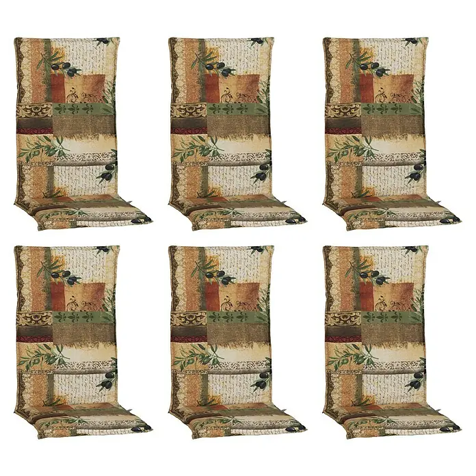 beo Gartenmöbel-Auflage Glasgow - Niederlehner, 6 Stk., L x B x H: 120 x 48 x 5 cm, Baumwolle, Polyester, Braun/Grün - Abgebildet sind sechs dekorative Stuhlkissen mit Olivenmuster, die Komfort und Stil auf Esszimmerstühle bringen.