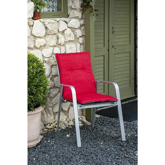 beo Gartenmöbel-Auflage - Hochlehner, 4 Stk., L x B x H: 100 x 48 x 5 cm, Baumwolle, Polyester, Rot/Blau - Der silberne Gartenstuhl mit rotem Kissen bietet eine bequeme Sitzgelegenheit im Freien, perfekt für entspannte Stunden.