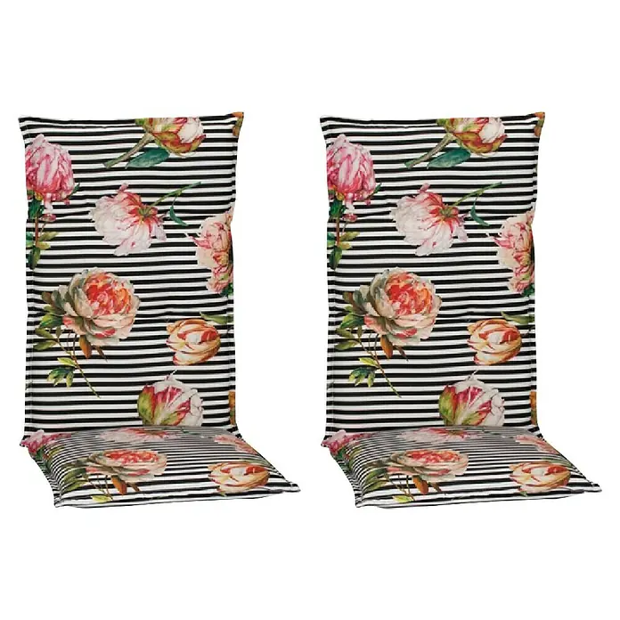 beo Gartenmöbel-Auflage Toronto - Hochlehner, 2 Stk., L x B x H: 118 x 46 x 8 cm, Baumwolle, Polyester, Schwarz/Rosa/Weiß - Zwei Stuhlkissen mit floralem Muster auf Streifen, ideal für drinnen & draußen. Eine stilvolle Ergänzung für dein Zuhause!