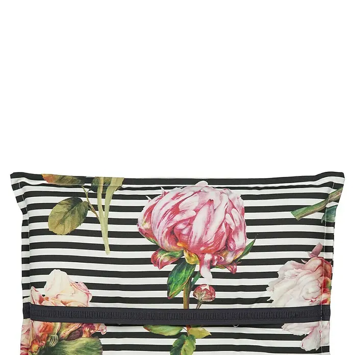 beo Gartenmöbel-Auflage Toronto - Liegenauflage, 1 Stk., L x B x H: 191 x 58 x 8 cm, Mehrfarbig - Nahaufnahme einer Kosmetiktasche mit Blumenmuster und Streifen, ideal für die Aufbewahrung von Make-up und kleinen Accessoires.