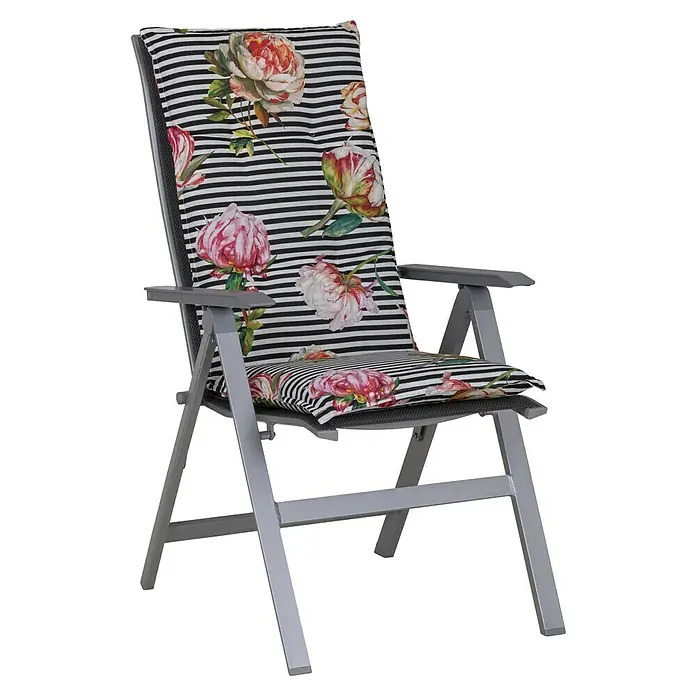 beo Gartenmöbel-Auflage Toronto - Hochlehner, 4 Stk., L x B x H: 118 x 46 x 8 cm, Baumwolle, Polyester, Schwarz/Rosa/Weiß - Ein stilvoller, klappbarer Gartenstuhl mit floral gemusterten Kissen und grauem Gestell. Ideal für Entspannung im Freien.