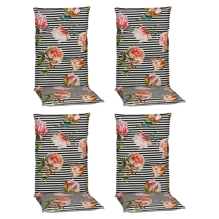beo Gartenmöbel-Auflage Toronto - Hochlehner, 4 Stk., L x B x H: 118 x 46 x 8 cm, Baumwolle, Polyester, Schwarz/Rosa/Weiß - Ein Set aus vier dekorativen Stuhlkissen mit floralem Muster auf gestreiftem Hintergrund, ideal für die stilvolle Aufwertung jeder Sitzgelegenheit.