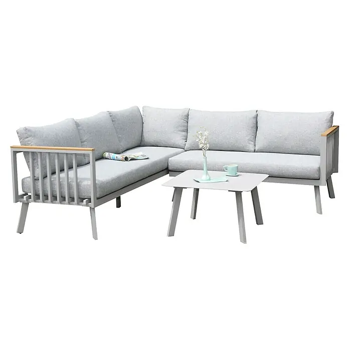 Acamp Loungemöbel-Set Gondola - 3 -tlg., Aluminium, Polywood, Hellgrau - Elegante graue Gartenlounge mit Tisch und Dekoration für entspannte Stunden im Freien. Das Set bietet Komfort und Stil für den Außenbereich.