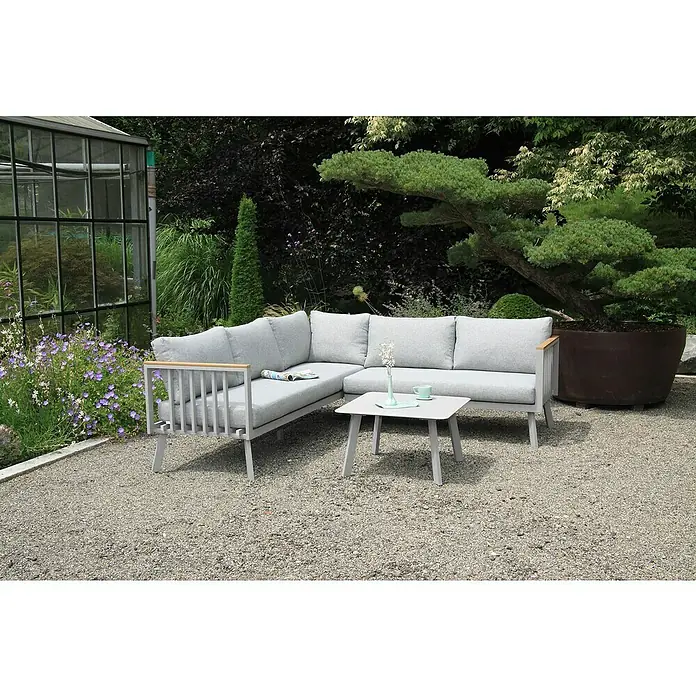 Acamp Loungemöbel-Set Gondola - 3 -tlg., Aluminium, Polywood, Hellgrau - Entspannen Sie auf diesem grauen Ecksofa mit Tisch im Freien. Genießen Sie Komfort und Stil im Garten oder auf der Terrasse mit diesem Möbelset.