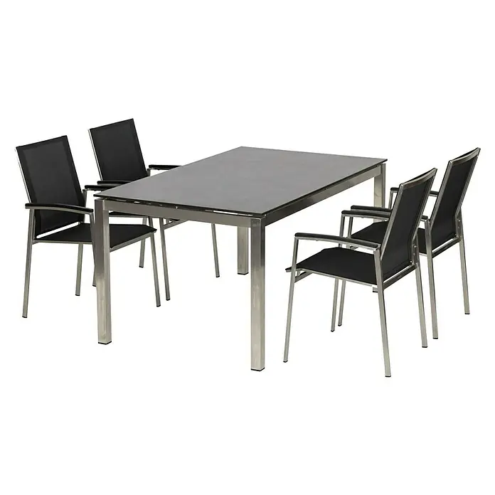 Acamp Gartenmöbel-Set Auris/Skye - 7 -tlg., Edelstahl, HPL, Polywood, Textil, Schwarz - Elegante Gartenmöbel: Ein Tisch mit vier passenden Stühlen. Perfekt für stilvolle Outdoor-Momente.