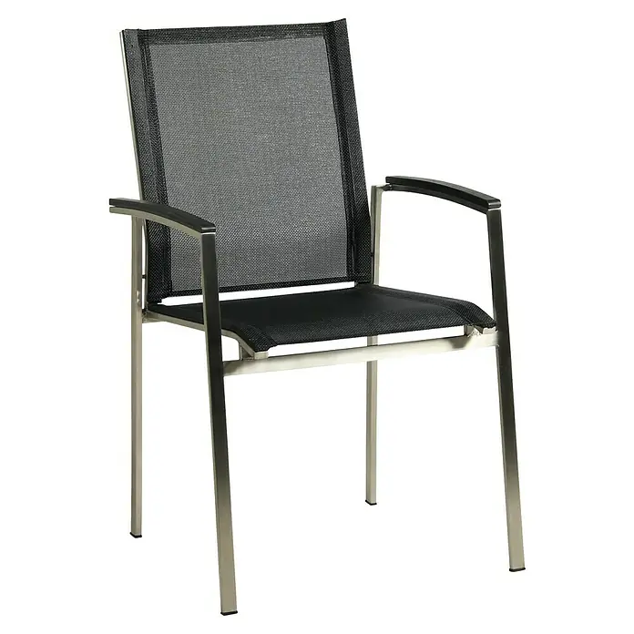 Acamp Gartenmöbel-Set Skye/Auris - 7 -tlg., Edelstahl, Polywood, HPL, Schwarz - Stuhl mit silbernem Metallrahmen und schwarzer Netzbespannung für Sitzfläche und Rückenlehne.