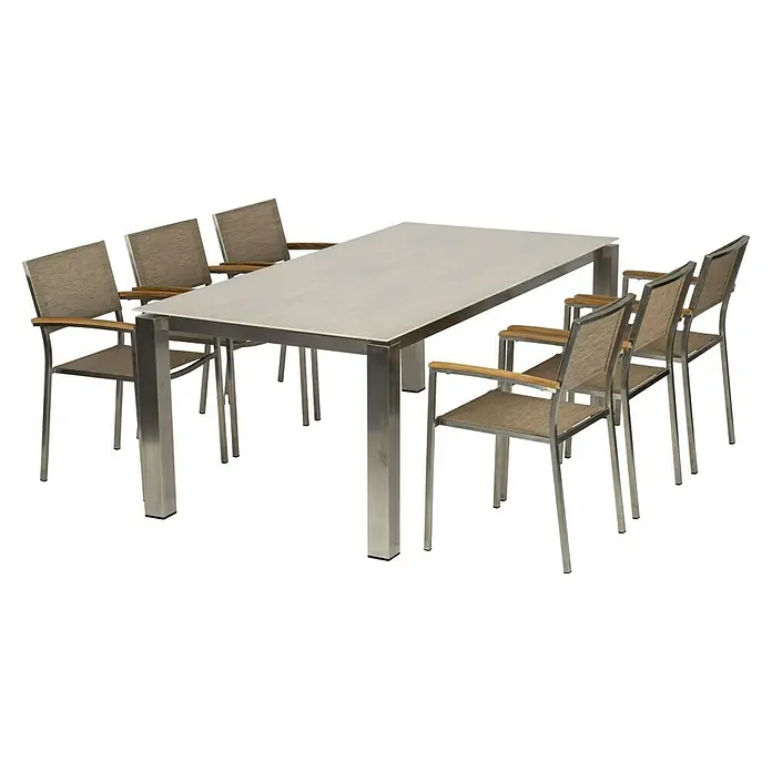 Acamp Gartenmöbel-Set Skye/Auris - 7 -tlg., Edelstahl, Teak, Keramik, Braun - Diese Abbildung zeigt eine Gartentischgruppe mit sechs Stühlen. Das Set besteht aus Metall und Holz. Das Set ist ideal für den Außenbereich.
