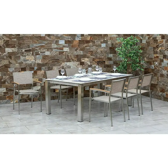 Acamp Gartenmöbel-Set Skye/Auris - 7 -tlg., Edelstahl, Teak, Keramik, Braun - Elegantes Esstisch-Set mit sechs Stühlen für den Außenbereich, ideal für stilvolle Gartenpartys und entspannte Mahlzeiten im Freien.