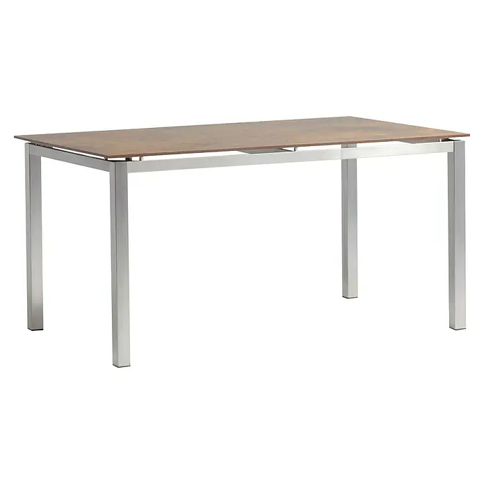 Acamp Gartenmöbel-Set Skye/Auris - 7 -tlg., Edelstahl, Teak, Keramik, Braun - Ein stabiler Schreibtisch mit einer braunen Tischplatte und einem weißen Metallgestell. Ideal für Büro oder Arbeitszimmer.