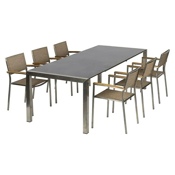 Acamp Gartenmöbel-Set Skye/Auris - 7 -tlg., Edelstahl, Teak, HPL, Braun/Anthrazit, Gartenstuhl stapelbar - Ein stilvolles Esstischset mit einem schlanken Tisch und passenden Stühlen. Perfekt für gesellige Mahlzeiten im Freien oder im Esszimmer.