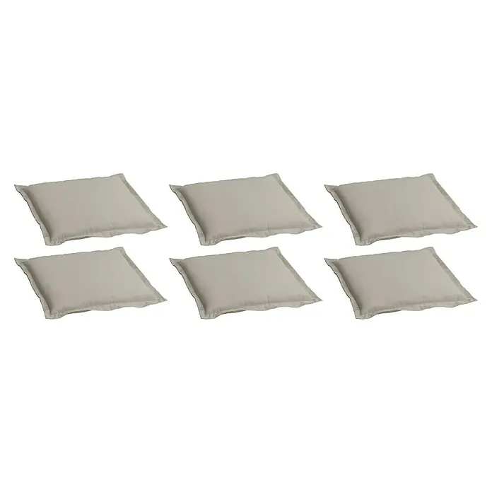 beo Gartenmöbel-Auflage P212 - Bankauflage, 6 Stk., Baumwolle, Polyester, Beige - Sechs quadratische Kissen in einem hellen Farbton, die auf einer Oberfläche angeordnet sind und eine dekorative und komfortable Ergänzung darstellen.