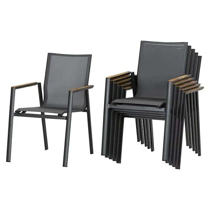 Acamp Stapelsessel Vegas - 4 Stk., Aluminium, Textil, Stapelbar, Anthrazit/Braun, B x T x H: 67 x 58 x 88 cm - Stapelbare, graue Stühle mit Armlehnen aus Holz für den Außenbereich. Ideal für Terrasse oder Garten.