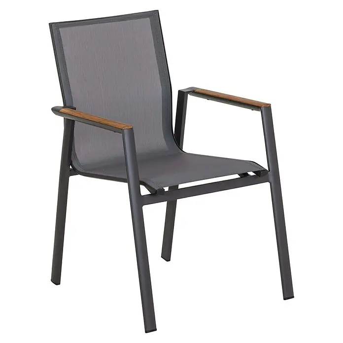 Acamp Stapelsessel Vegas - 4 Stk., Aluminium, Textil, Stapelbar, Anthrazit, B x T x H: 67 x 58 x 88 cm - Dieser elegante Gartenstuhl mit Holzarmlehnen bietet Komfort und Stil für jede Terrasse. Das graue Netzmaterial sorgt für Atmungsaktivität.