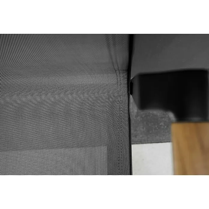 Acamp Stapelsessel Vegas - 4 Stk., Aluminium, Textil, Stapelbar, Anthrazit, B x T x H: 67 x 58 x 88 cm - Nahaufnahme des Details eines modernen Möbelstücks, das ein feines Netzgewebe, ein schwarzes Metallelement und einen Holzakzent zeigt.