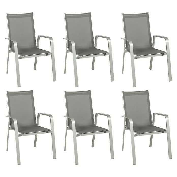 Acamp Stapelsessel Urban - 6 Stk., Aluminium, Acatex, Grau, B x T x H: 62 x 69 x 97 cm - Eine Ansammlung von sechs grauen Sling-Gartenstühlen mit hellen Rahmen, die für den Außenbereich konzipiert sind.