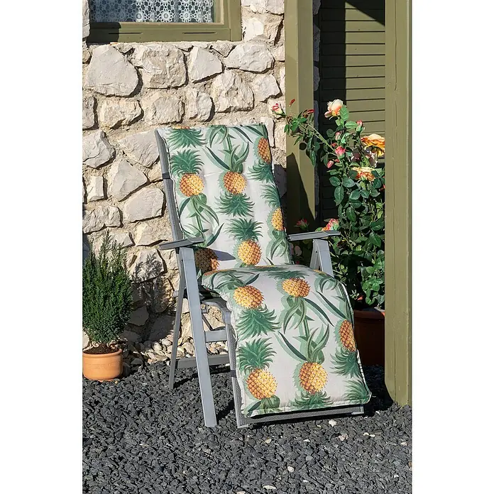 beo Gartenmöbel-Auflage Treffelstein - Relaxsesselauflage, 1 Stk., L x B x H: 171 x 46 x 8 cm, Baumwolle, Polyester, Grün/Gelb - Bequemer Liegestuhl mit Ananas-Muster-Auflage. Ideal für entspannte Stunden im Garten oder auf der Terrasse.