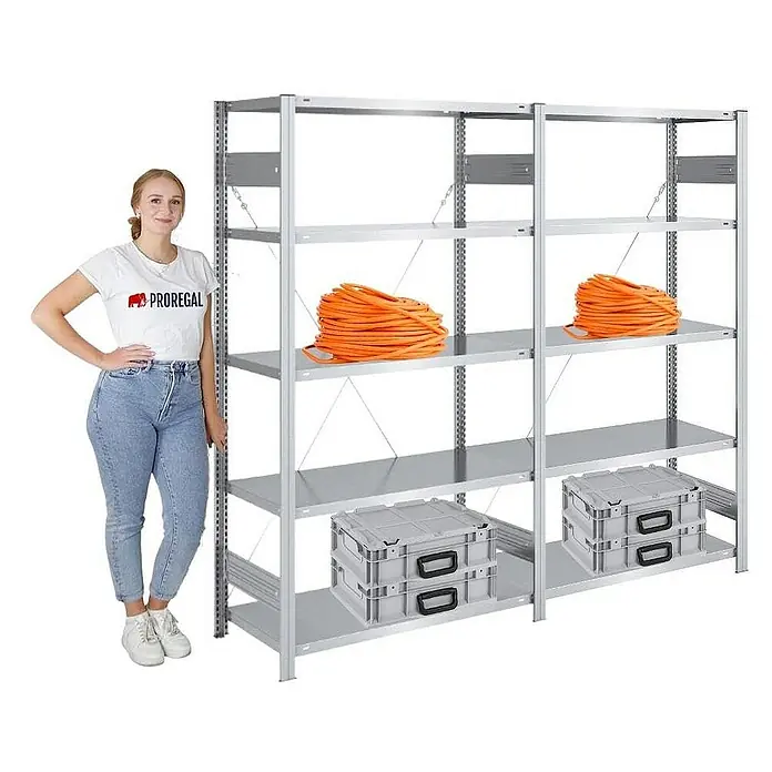 Proregal Metallregal SILVER MAMBA - H x B x T: 200 x 200 x 50 cm, Traglast pro Boden: 150 kg, Anzahl Böden: 5 Stk., Stecken, Verzinkt