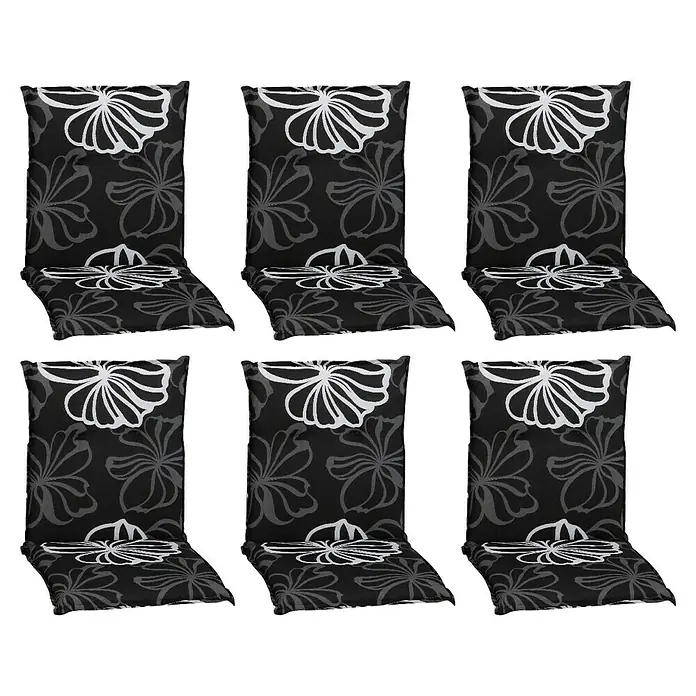 beo Gartenmöbel-Auflage Barcelona - Niederlehner, 6 Stk., L x B x H: 101 x 50 x 6 cm, Baumwolle, Polyester, Schwarz/Weiß - Sechs schwarze Sitzkissen mit Blumenmuster. Diese komfortablen Kissen verschönern jede Stuhloberfläche.