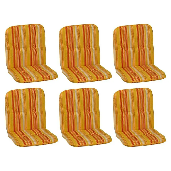 beo Gartenmöbel-Auflage Edremit - Niederlehner, 6 Stk., L x B x H: 96 x 47 x 5 cm, Baumwolle, Polyester, Orange - Sechs gestreifte Outdoor-Stuhlkissen in Gelb, Orange und Weiß bieten Komfort und Stil für Gartenmöbel. Ideal zum Entspannen im Freien.