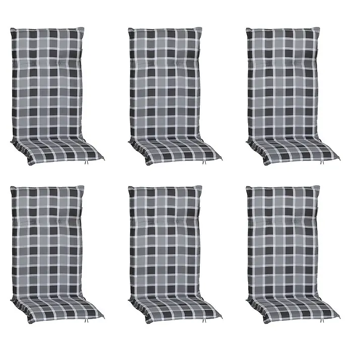 beo Gartenmöbel-Auflage Belgrad - Hochlehner, 6 Stk., L x B x H: 118 x 50 x 6 cm, Baumwolle, Polyester, Grau - Bild von sechs karierten Stuhlkissen in Grau- und Weißtönen, die Sitzgelegenheiten bequemer und stilvoller machen.