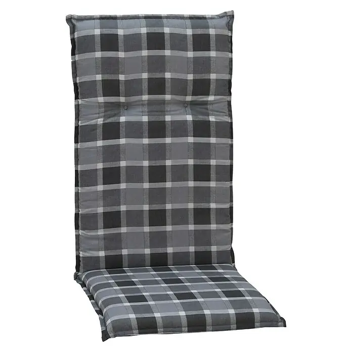 beo Gartenmöbel-Auflage Belgrad - Hochlehner, 6 Stk., L x B x H: 118 x 50 x 6 cm, Baumwolle, Polyester, Grau - Gepolsterte Gartenstuhlauflage mit grauem Karomuster. Die bequeme Sitzauflage bietet dank der Knöpfe Komfort und Stil für Gartenmöbel.